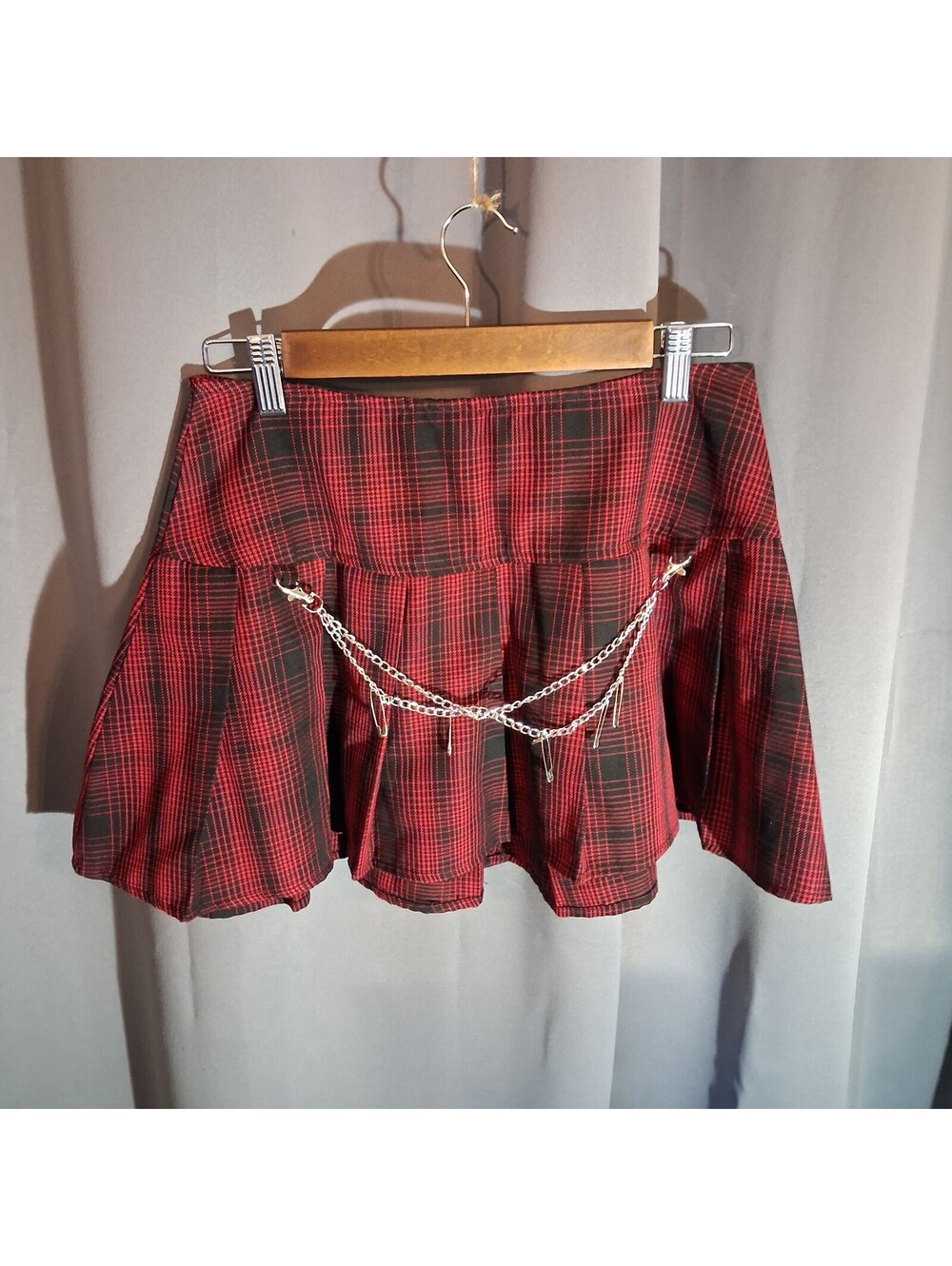 Social Collision Red and Black Plaid Mini Skirt with Chain Detail, Size Medium